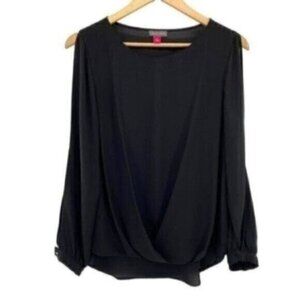 Vince Camuto Black Peekaboo Sleeve Draped Wrap Blouse